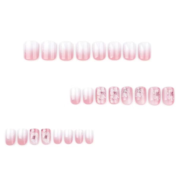Short,Pink Gradient Nail Art With Floral Patterns, Simple False Nails.