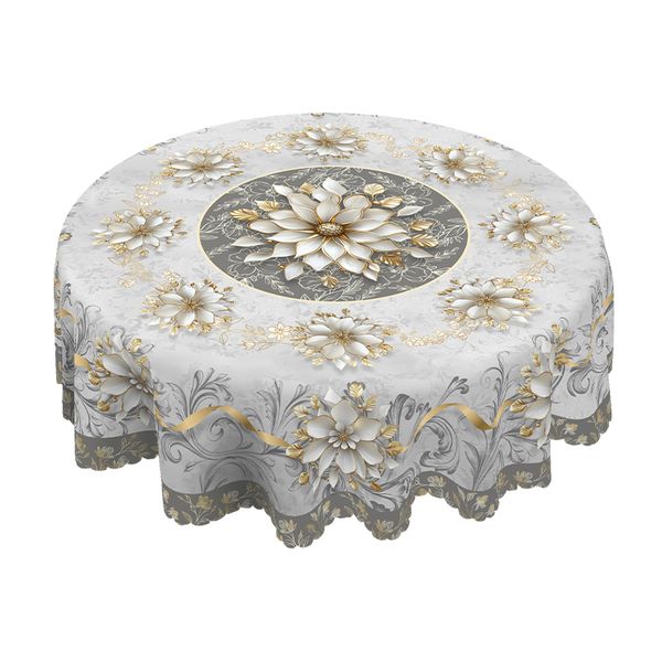 Luxury Grey &amp; Gold Floral Tablecloth - Elegant 3D Design For Home Decor