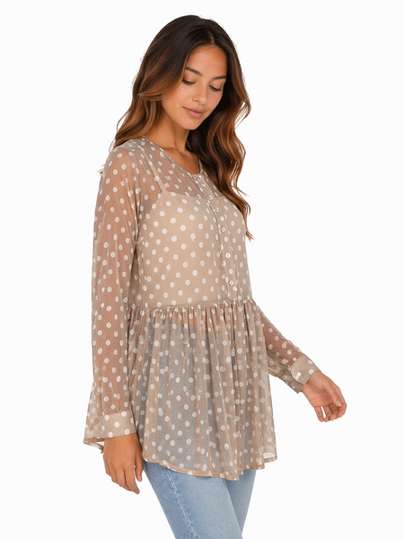 Cassie Dee Women's Sheer Polka Dot Blouse - Long Sleeve Button-Up Top