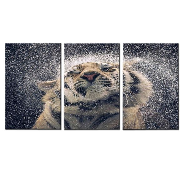 Canvas-Art-3 Pieces Tiger Playing With Water Animals Wall Art