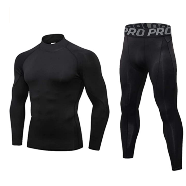 Mens Workout Compression Set Tights and Long Sleeve Shirt Set