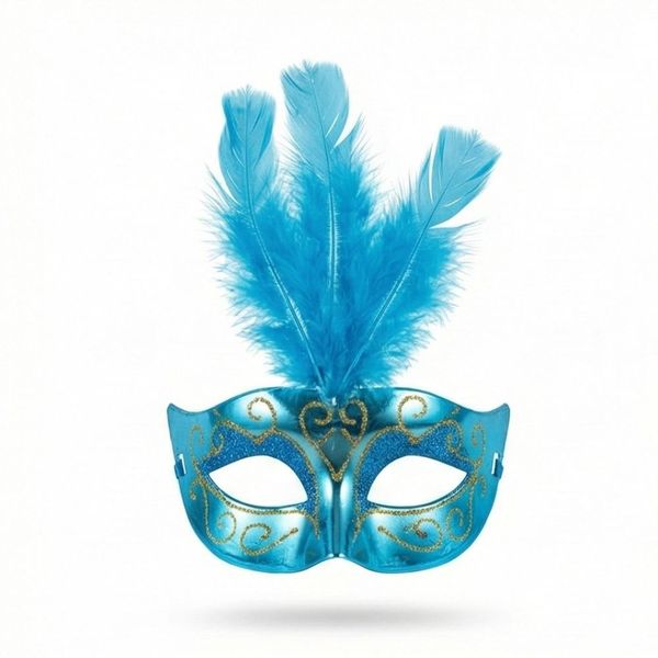 Elegant Blue Venetian Masquerade Mask with Feather and Gold Glitter Detail