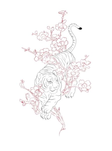 1 Piece - Intricate Tiger &amp; Plum Blossom Design Temporary Tattoo - Black