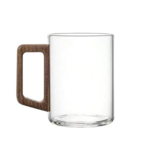 4 Pack 350ml Wooden Handle Borosilicate Glass Mugs - Clear