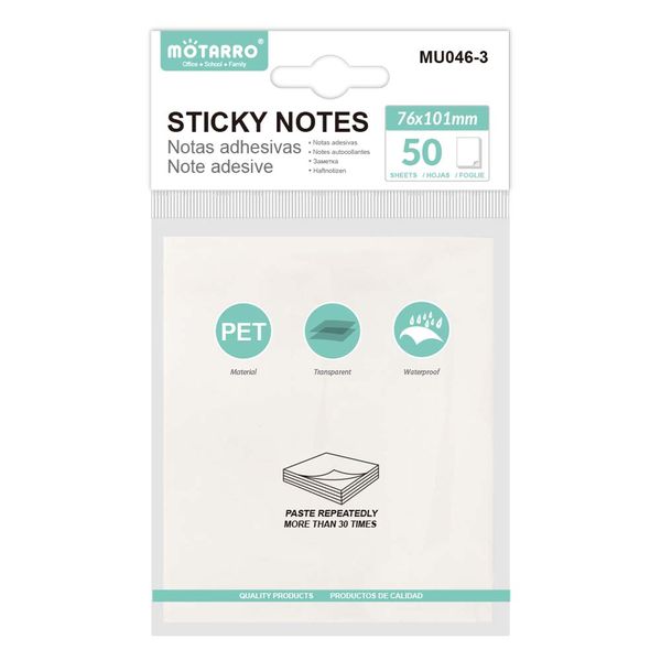 MOTARRO Waterproof PET Transparent Sticky Note Pads 50 Sheets