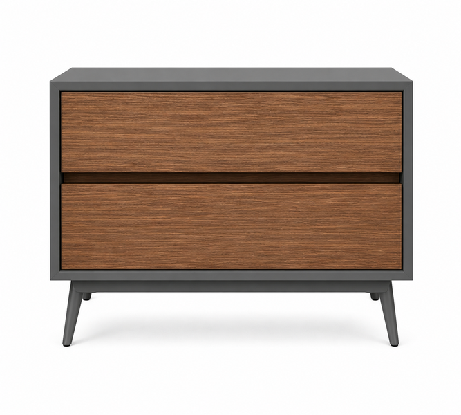 Modern Nightstand 2-Drawer Bedside Table Brown Wood Finish with GreyFrame