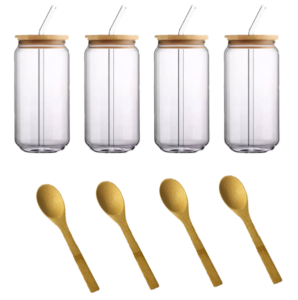 Glass Tumbler with Straw Bamboo Lids and Wooden Spoons | Sublimation Blanks