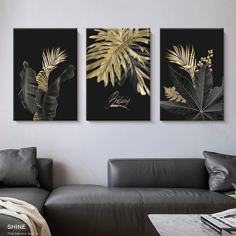 Abstract 3-Piece Golden Plant Leaf Botanical Canvas Print Wall Art ...