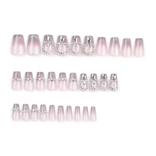 French Cat Eye Rhinestone Nail Art, Simple Solid Color False Nails