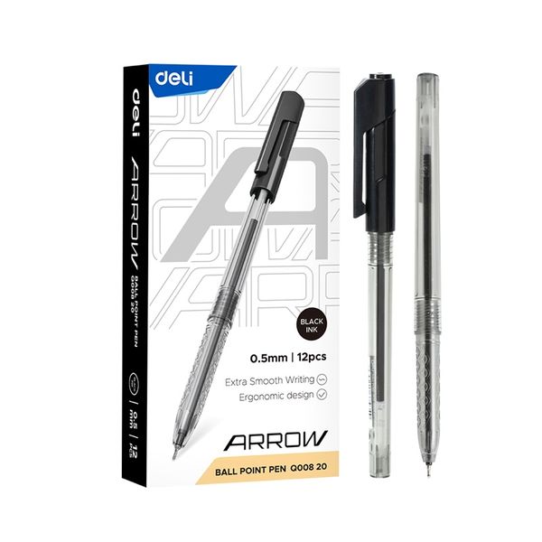 Deli Arrow Ballpoint Pen Mini Tip 0.5mm Black Ink Transparent Barrel 12 PCS