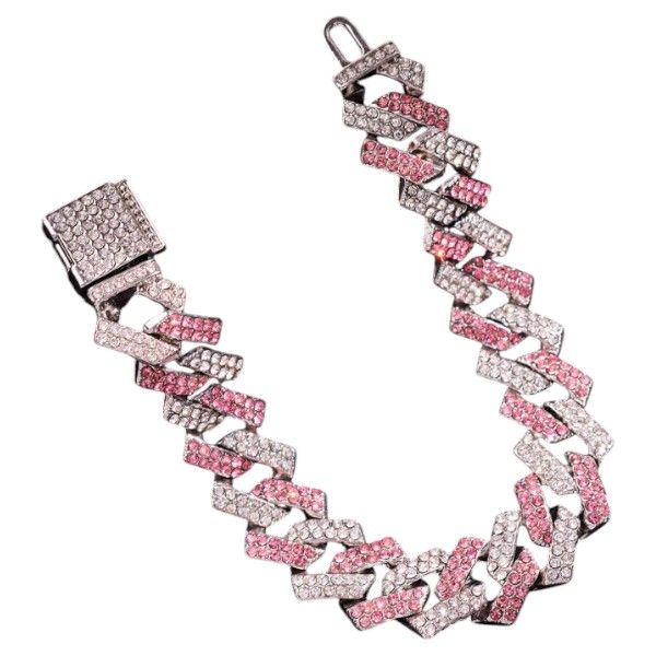 Luxury Silver-Tone Link Bracelet With Pink Rhinestone Accents - Silver