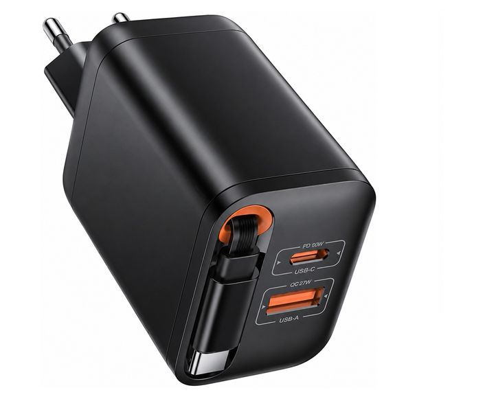 40W Super Fast Charger with Retractable USB-C Cable Dual USB-A Ports black