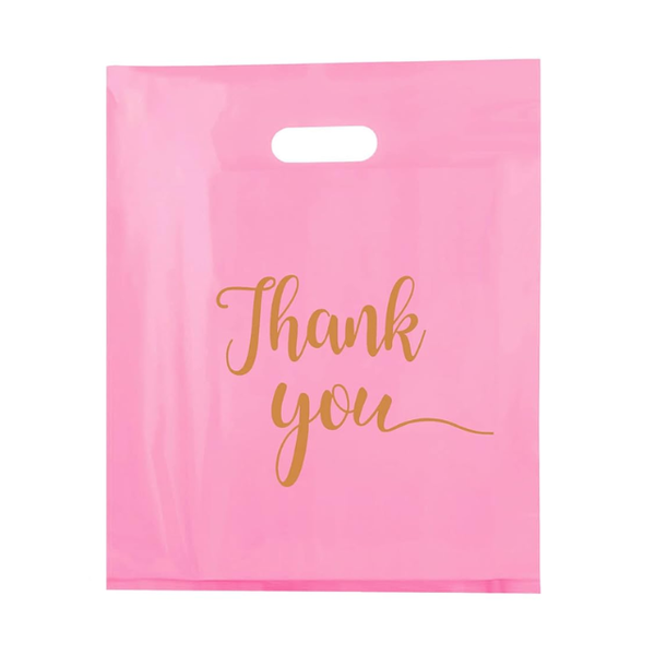 100 Pack Pink Thank You Plastic with Handles for Business Packaging 25x35cm