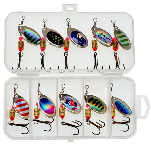 10-Piece Metal Spinner Lures &amp; Baits with Tackle Box - Treble Hooks Fishing