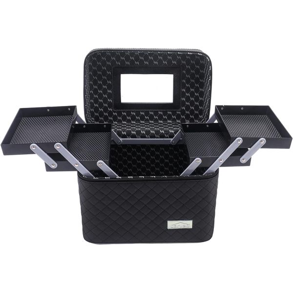Expandable Three Tier Black Cosmetic Makeup Case with Mirror Foldable Tray