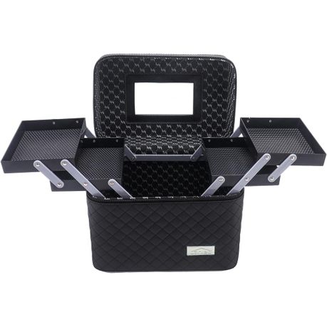 Expandable Three Tier Black Cosmetic Makeup Case with Mirror Foldable Tray Image