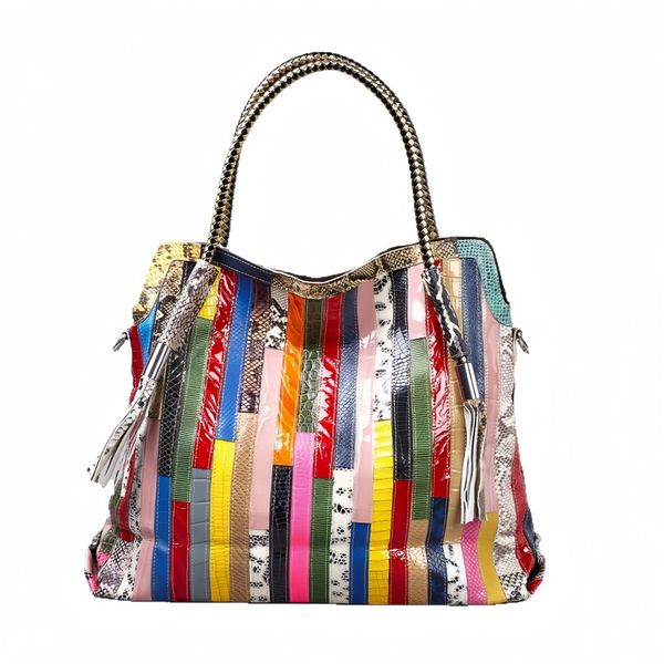Genuine Cowhide Boho Patchwork Tote, Colorful Snake Print Crossbody Bag