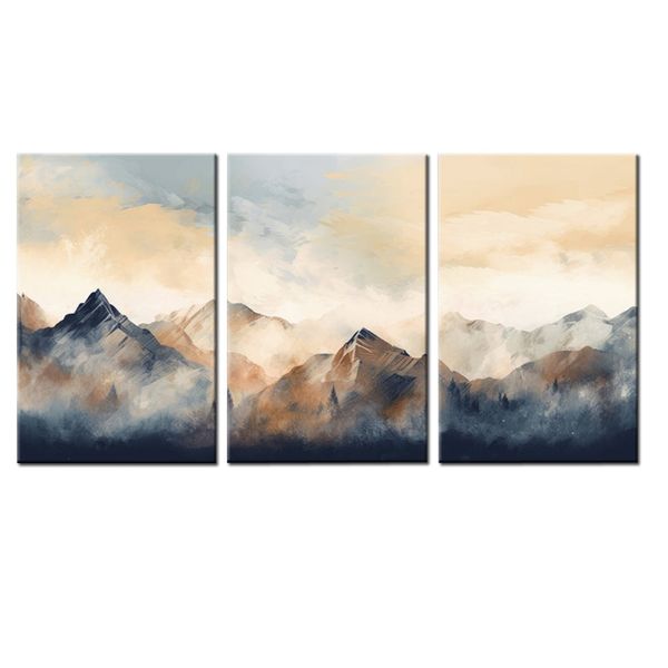 Canvas-Art-3 Pieces Navy Blue and Rustic Mountains Abstract Wall Art