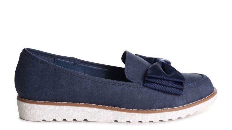 Linzi Katia Ladies - Navy Nubuck Classic Slip On Loafer With Fabric Bow Detail