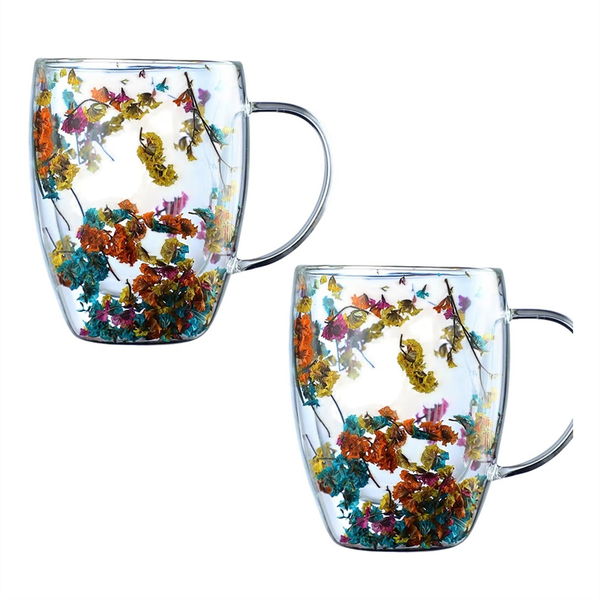 Double Wall Clear Glass Coffee Mugs Clear Glass Cups with Handle Flowers Do