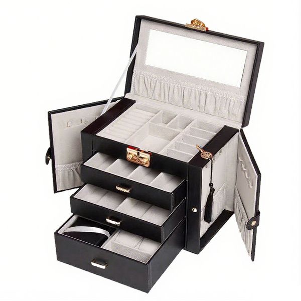 4-Tier Jewelry Box Luxurious Accessory Case Storage Organizer Faux-Leather