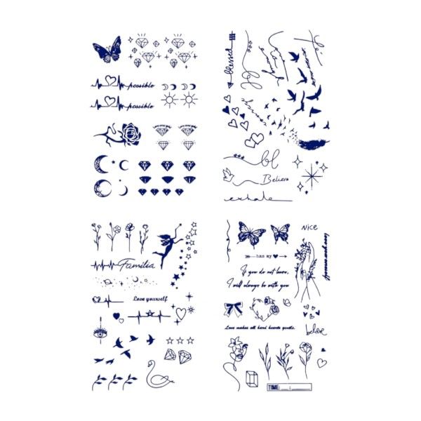 4Piece - Herbal Ink Temporary Tattoo Sheets With Artistic Mini Designs - Blue