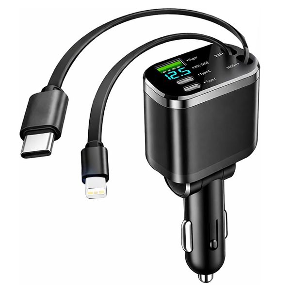5 in 1 Retractable Car Charger,69W Fast Charging ,Lightning + Type-C