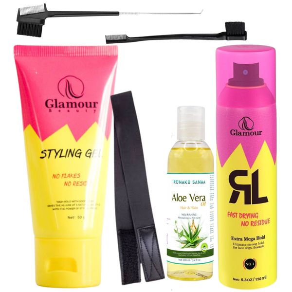 Glamour styling gel, mega hold spray,wig band and edge brushes - set