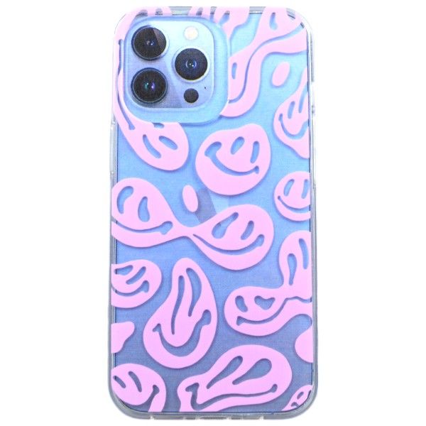 Pink Abstract Smiley Print Phone Case for iPhone 13 Pro - Transparent
