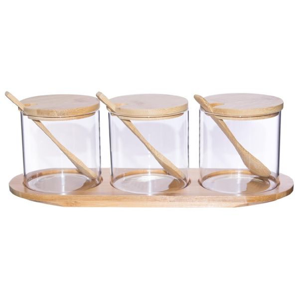 Glass Storage Set with Bamboo Lids and Spoons - Set of 3
