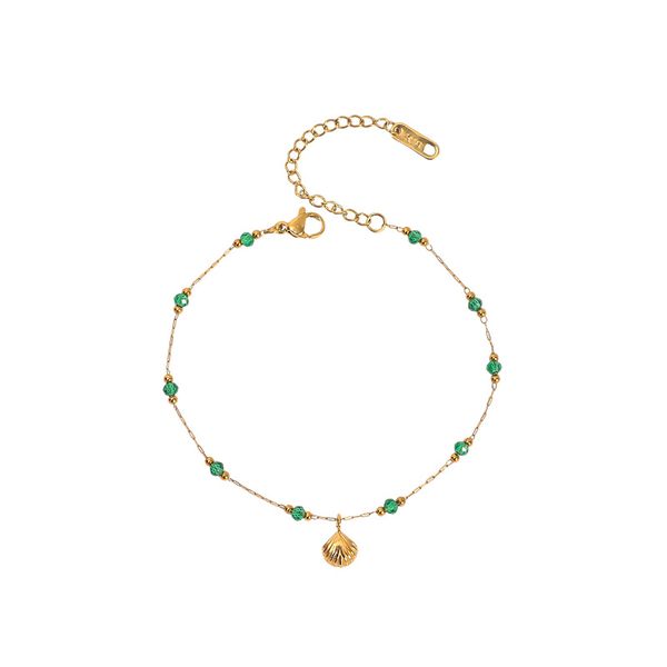 Titanium Steel Anklet With Gold-Tone Green Pearl And Shell Design