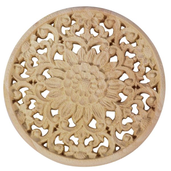 Carved Flower Carving Round Wood Appliques Figurine 15X15X0 8Cm