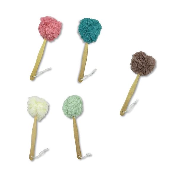 MXM 5 Pack Mesh Bath Sponge Loofah With Wooden Handle