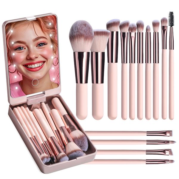 Pink 14-Piece Makeup Brushes with Rechargeable LED Light Mirror &amp; Storage Case