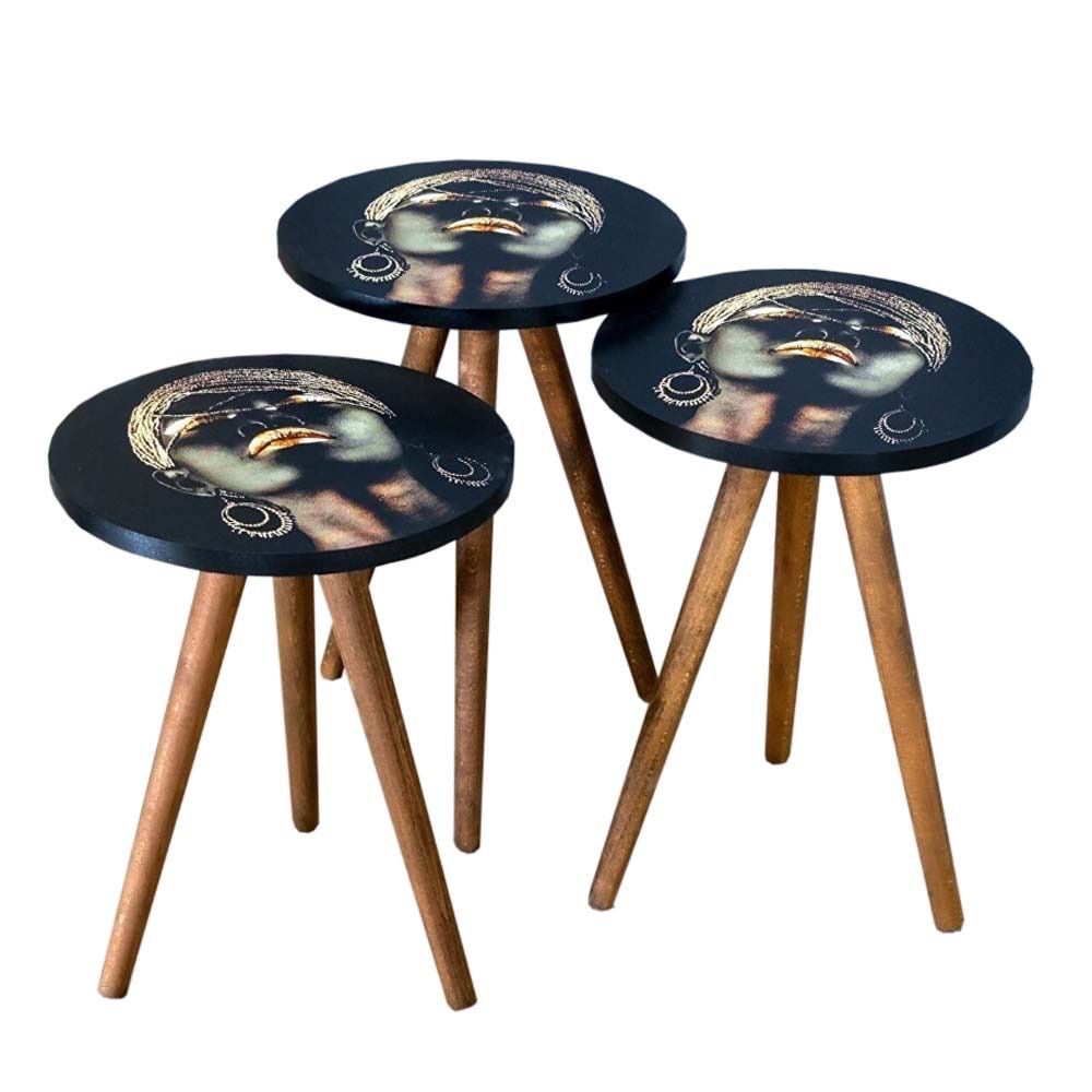 Modern 3 Piece Round Wooden Nesting Side/End Table Set with Thin Legs