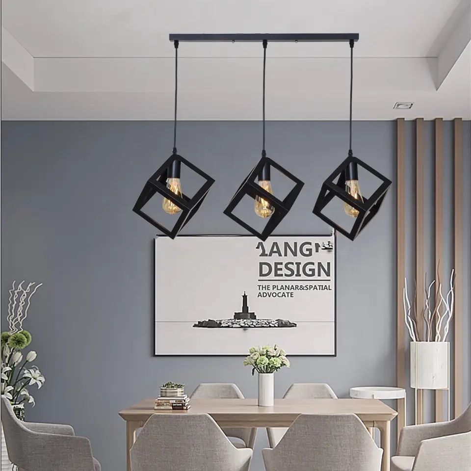 Three Lights Linear Cluster Black Geometric Cube Pendant Lamp