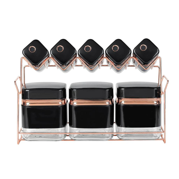8 Piece Square Spice Set - Black and Rose Gold - with Stand