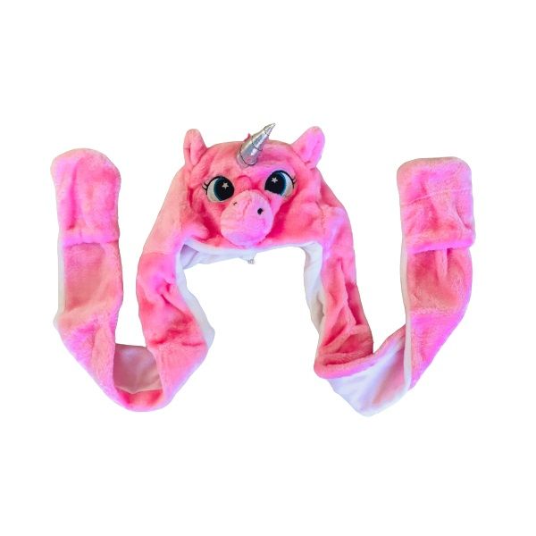 Plush Unicorn Hat with Ear Flaps, Horn &amp; Hand Pockets (Light Pink)