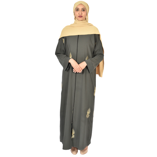 Elegant Olive Ladies Abaya with Golden Embroidered Motifs
