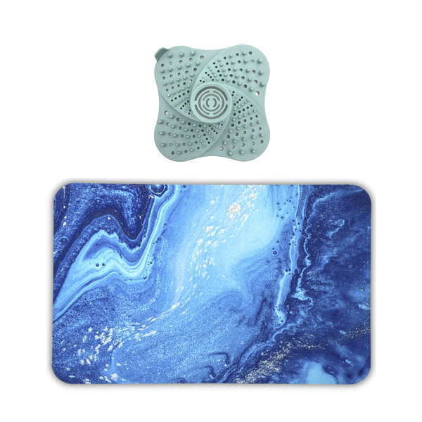 Ultra Water Absorbent Non-Slip Marble Bath Mat and Silicone Drain Strainer