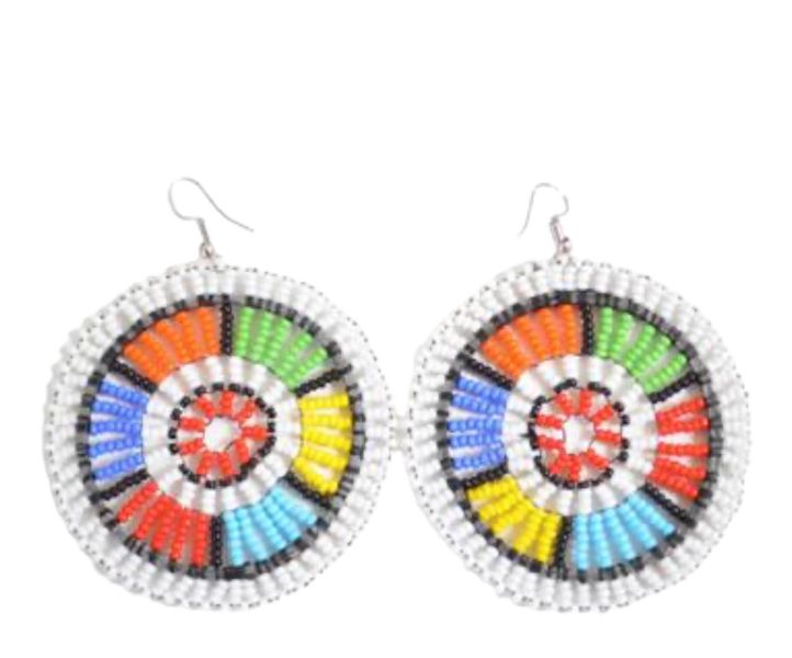 African Beaded Earrings Large Circle - White
