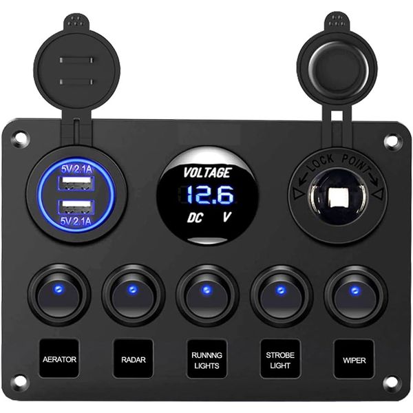 12V/24V 5 Gang Rocker Switch Panel with Volmeter Dual USB Ports