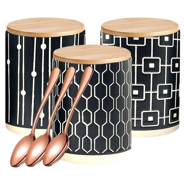 6 Piece - Palmanova Collection Ceramic Storage Jars with Airtight Wooden Lid