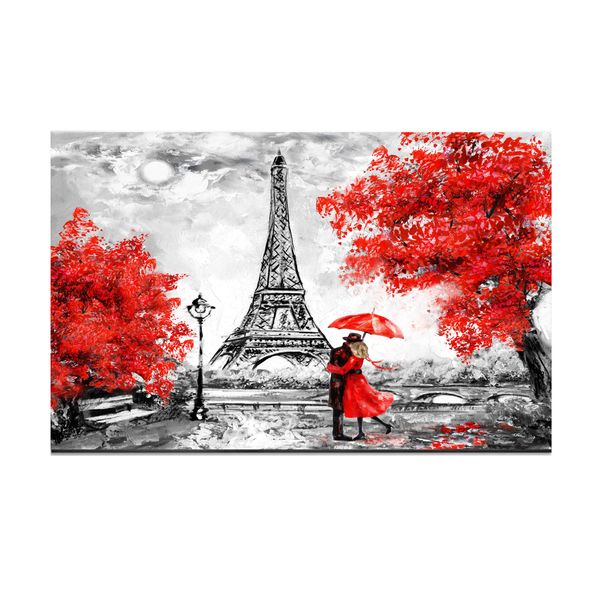 Eiffel Tower and Couple Black, Red Cotton Canvas cm Architectural Wall Art