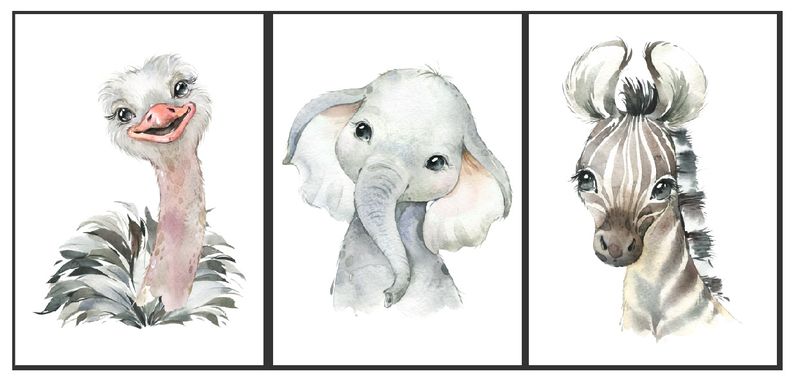 Trio of Safari Animals in Grey Prints A3 - Unframed