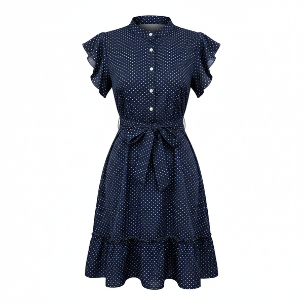 Short-Sleeved Polka-Dot Summer Dress - Navy Blue