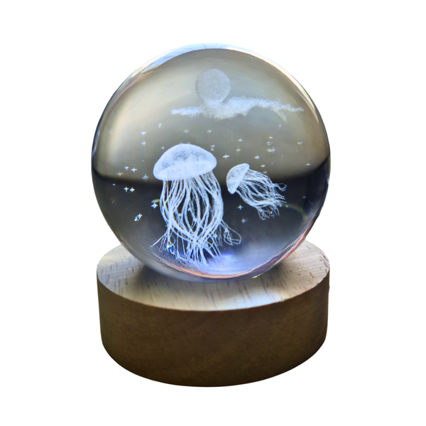 Small Crystal Ball Lamp with 3D Engraving and Luminous Base - Shark Reef