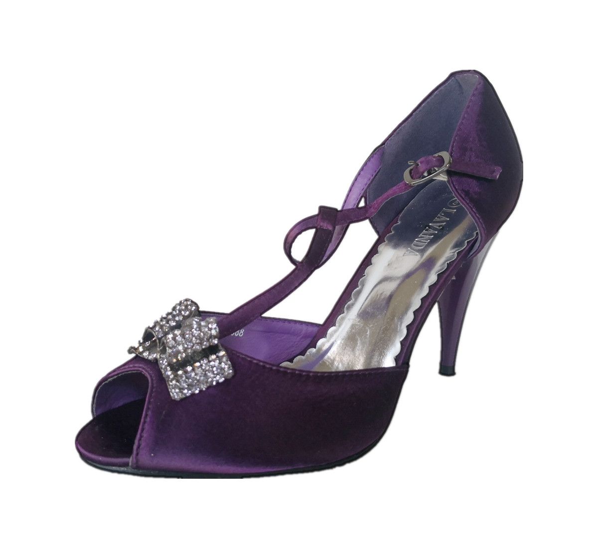 Lavanda Purple Satin Peep-toe T-bar High Heel Shoes with Metal Trim ...