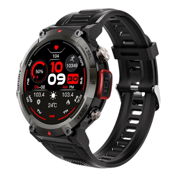 IP67 Water Resistant Smart Watch With Built In Flashlight - Black &amp; Red