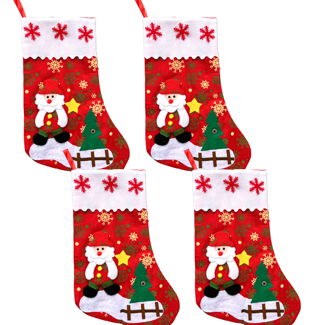 4 Pack Extra Large 3D Christmas Stockings, Santa & Snowflakes Decorations